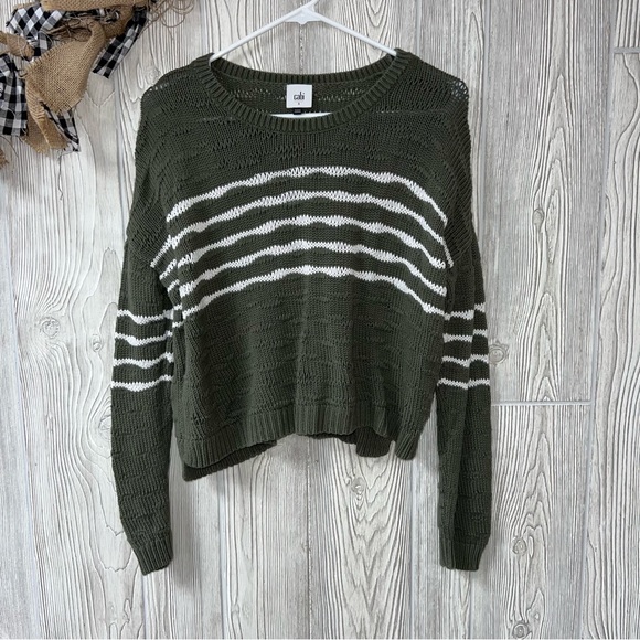 CAbi #5829 Scout Pullover Sweater Sz Small Green White Striped Long Sleeve Boxy - Picture 5 of 5